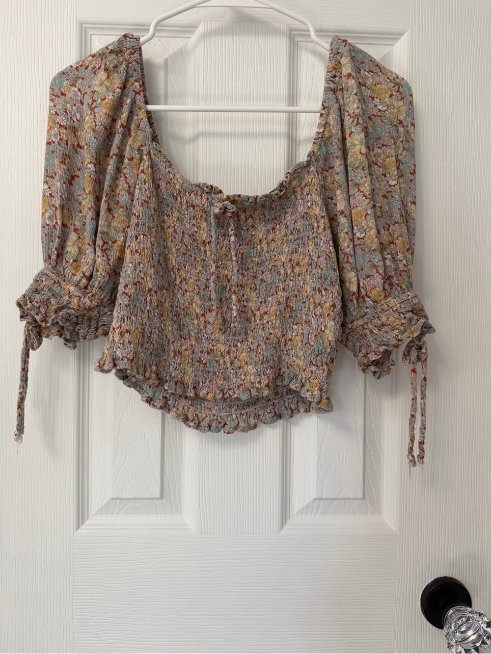 Elan Beige Multi Floral Smocked Crop Top